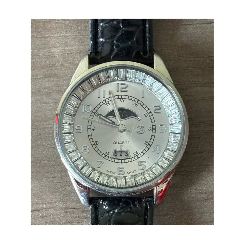 George Crystal Bezel Moon Phase Watch Black Croc Strap Silver Tone Quartz